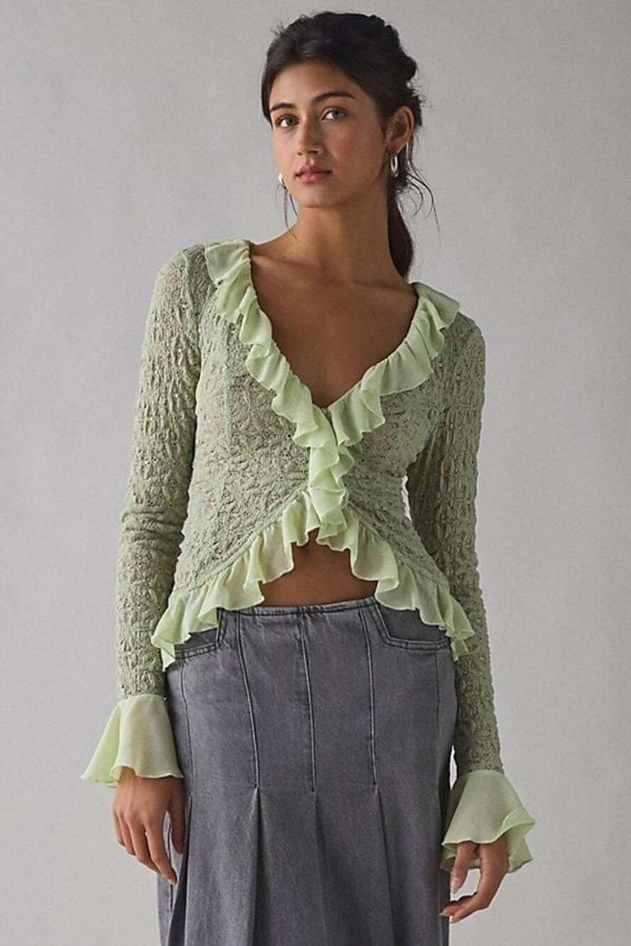 Kimchi Blue Coquette Green Libby Ruffle Trim Flyaway Lace Cardigan Top Sz M
